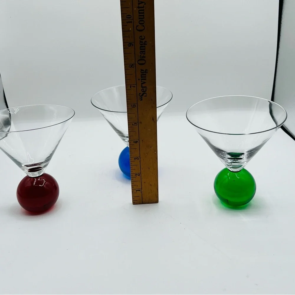 Set of 3 Cocktail Glasses with Red, Blue, and Green Ball Bases